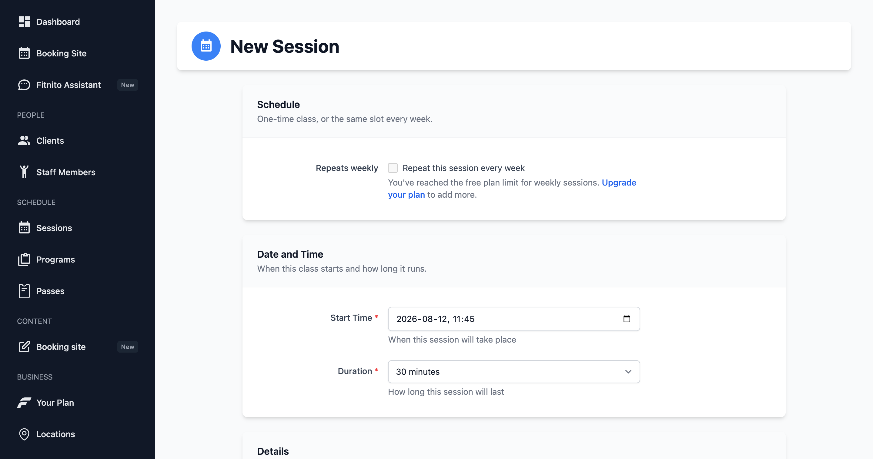 The session form with program, coach, capacity, and repeats-weekly toggle