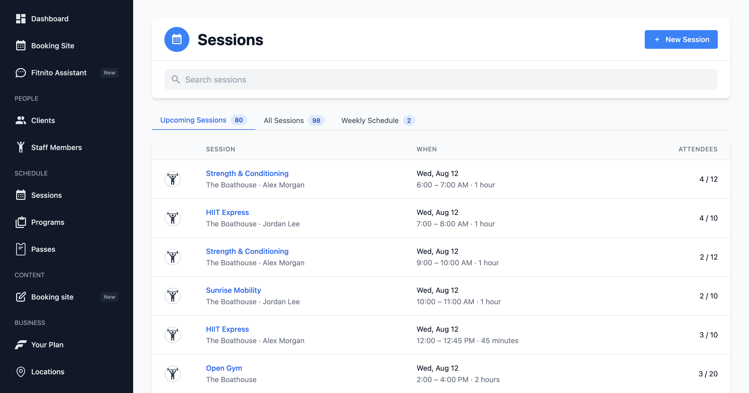 The Sessions page with Upcoming, All, and Weekly Schedule tabs