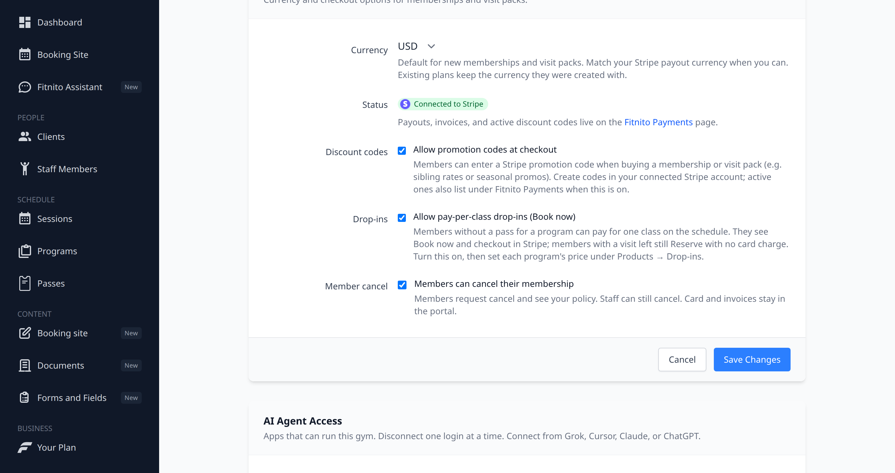 Settings Payments toggle Allow pay-per-class drop-ins