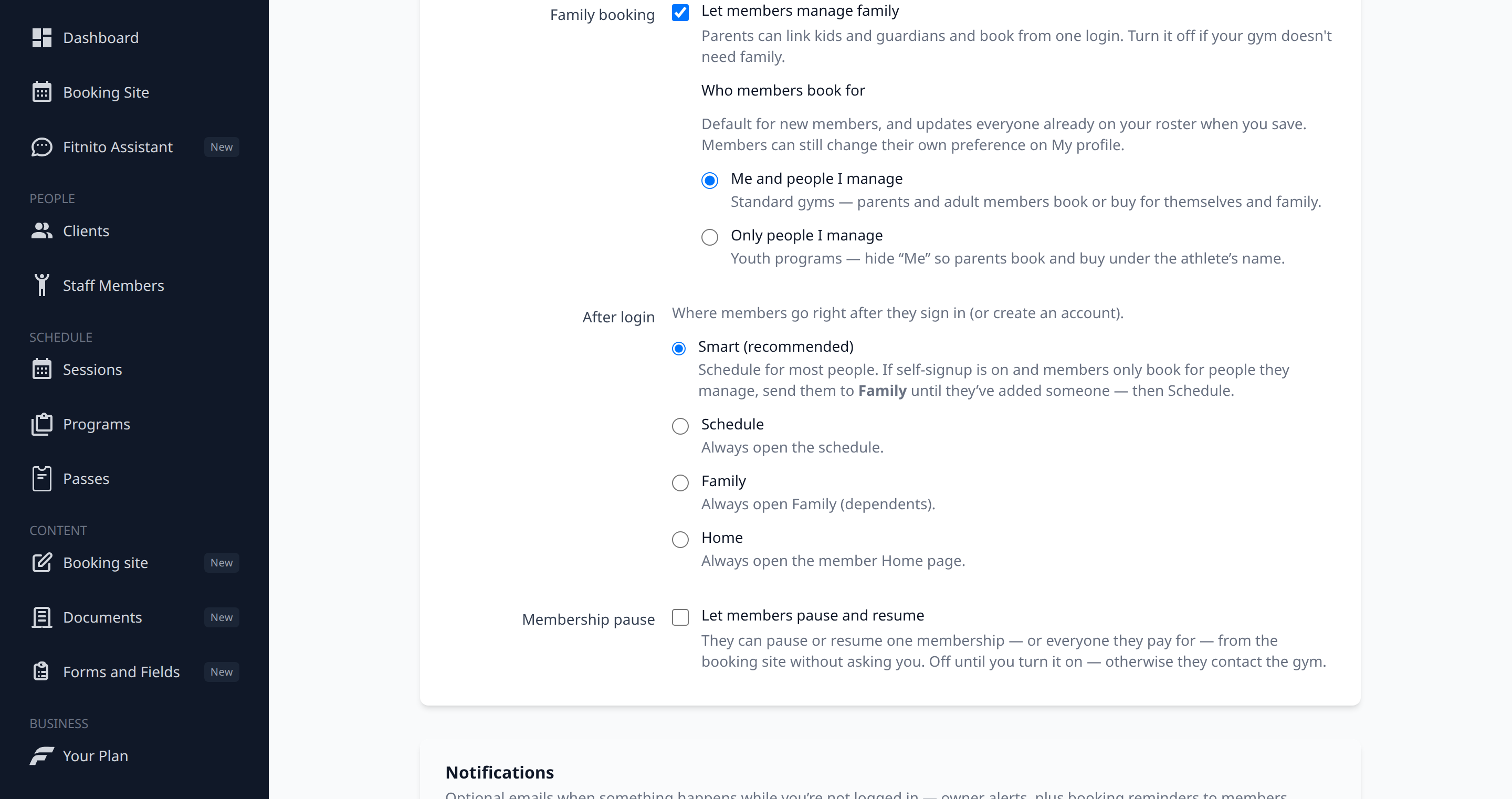 Settings family booking toggle and who members book for