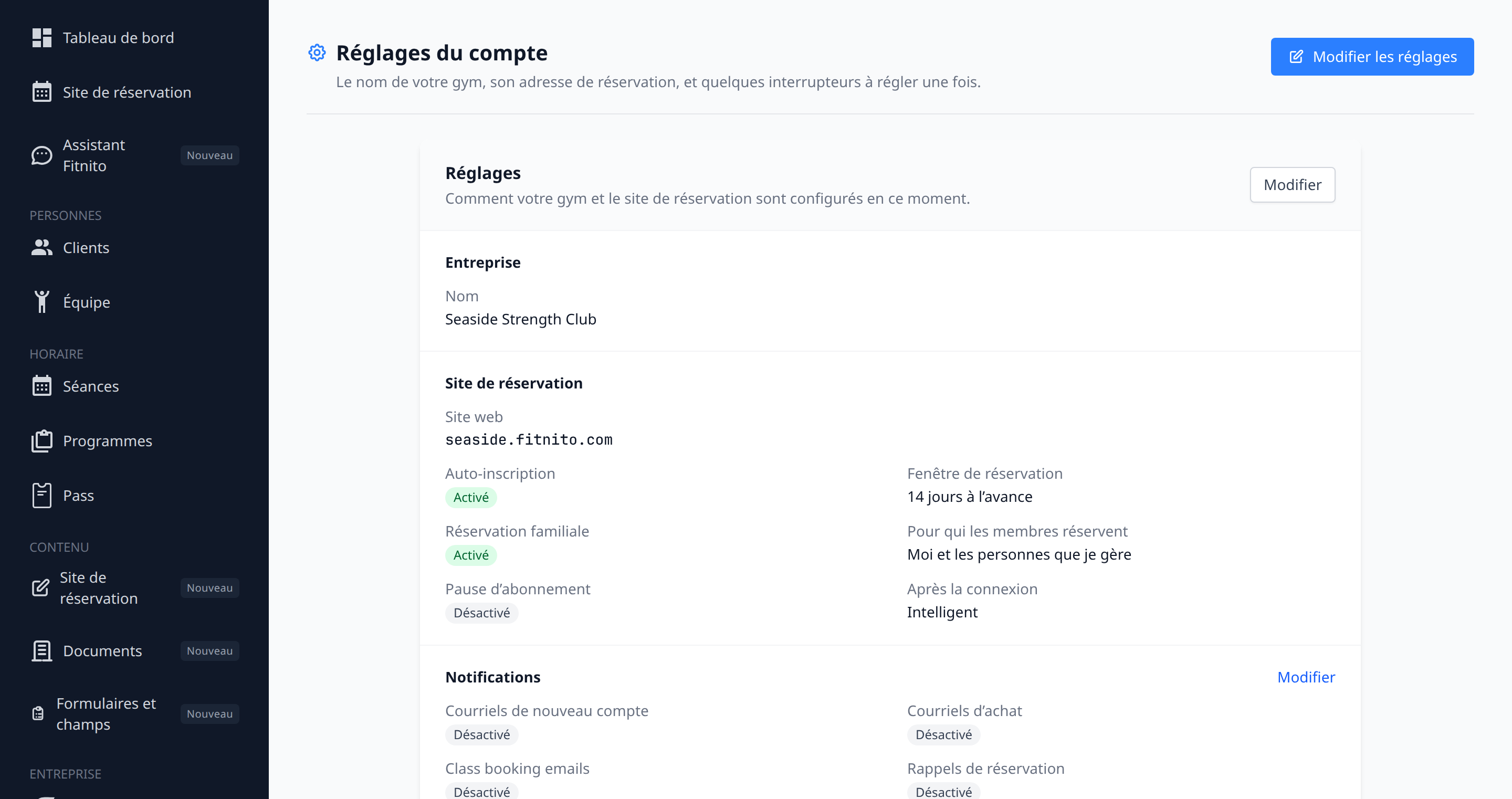 Gym settings in French (Réglages du compte)