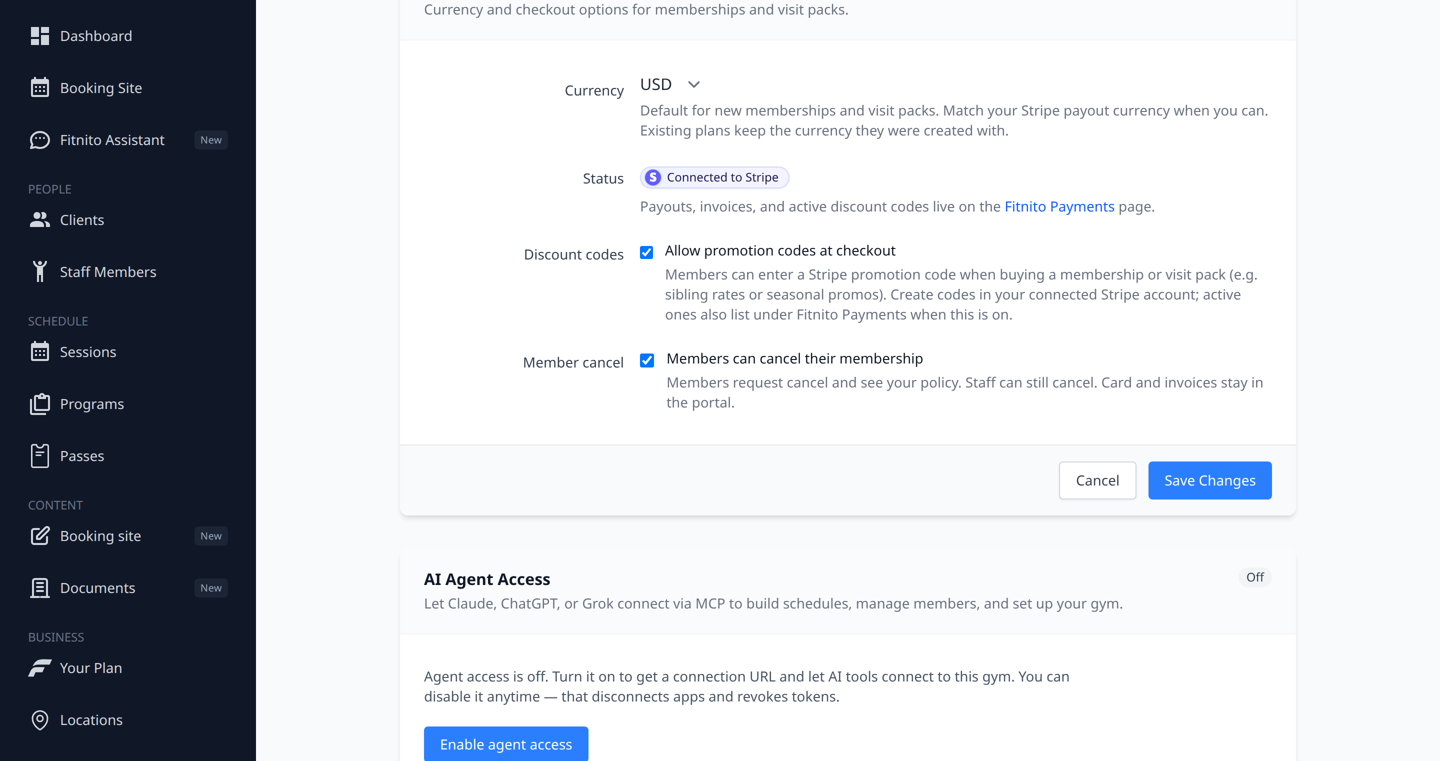 Settings Payments toggle Members can cancel their membership