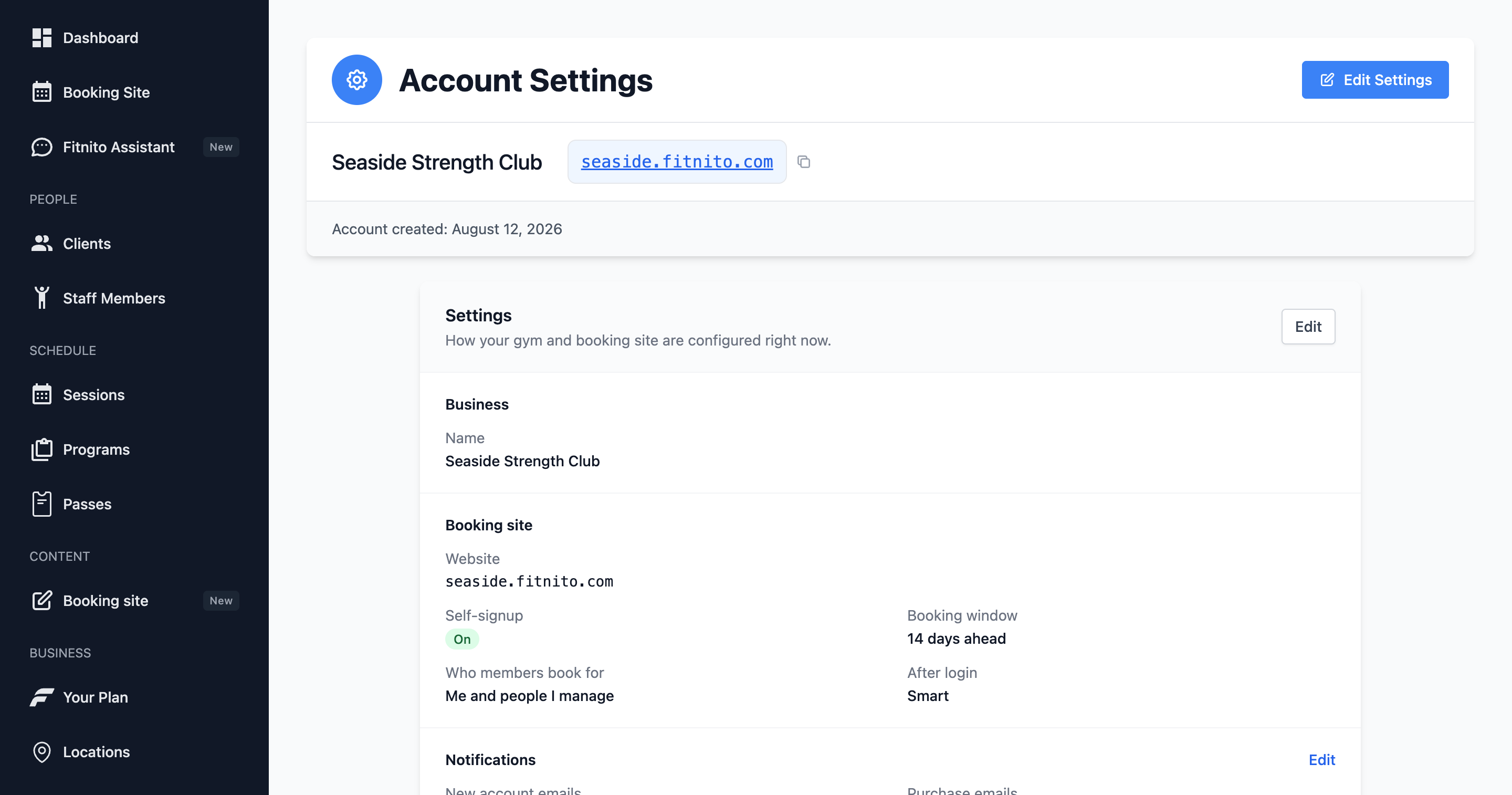 Gym settings page