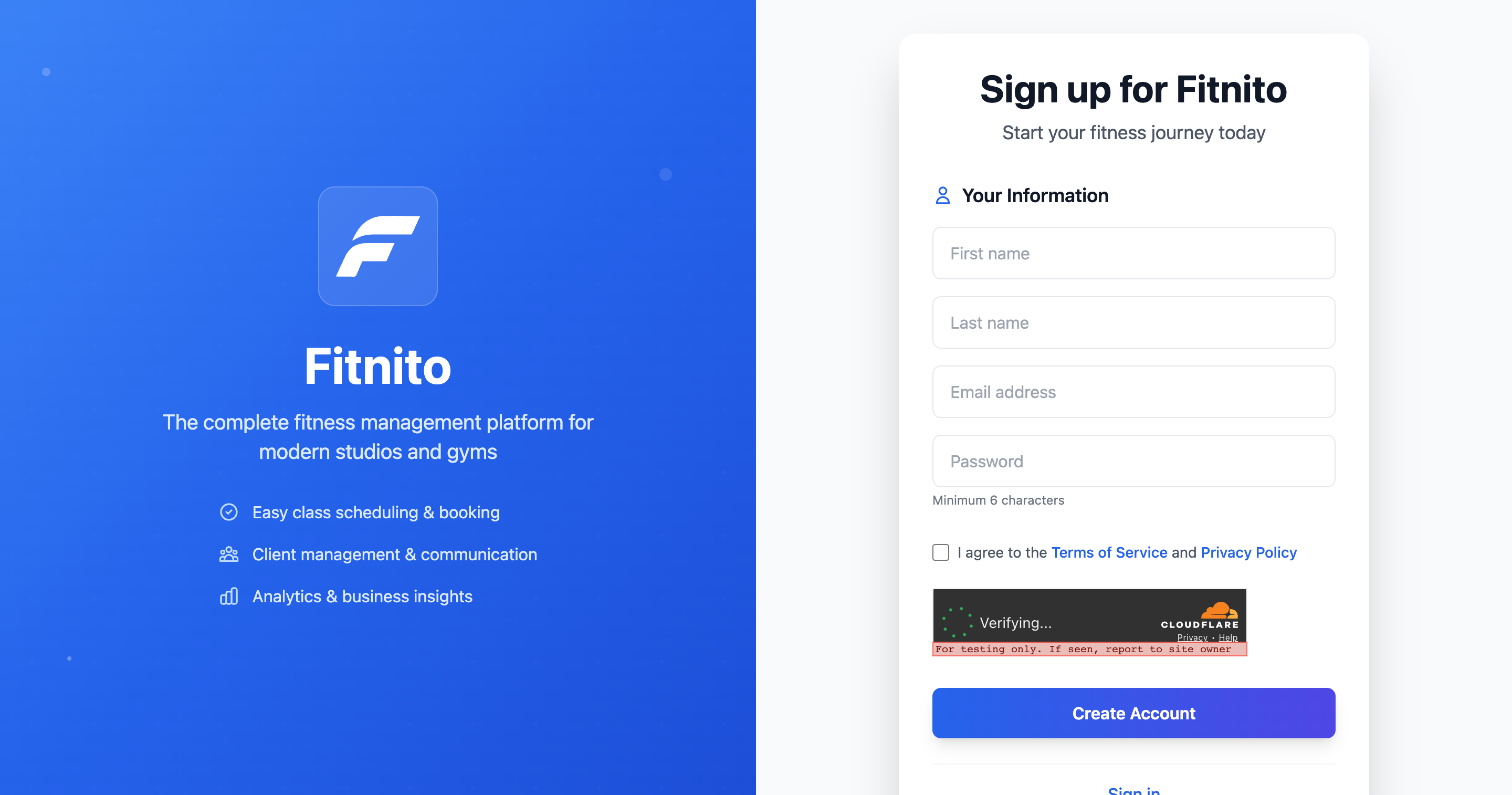 The Fitnito gym signup form