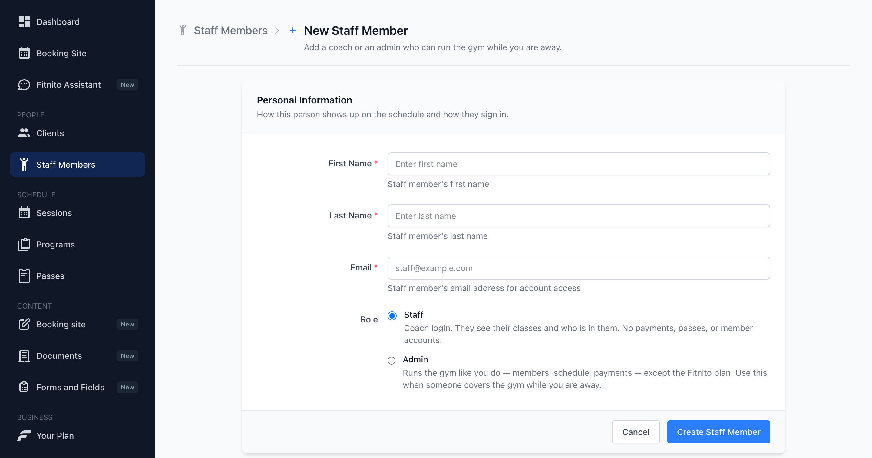 New staff form with Staff and Admin role choices