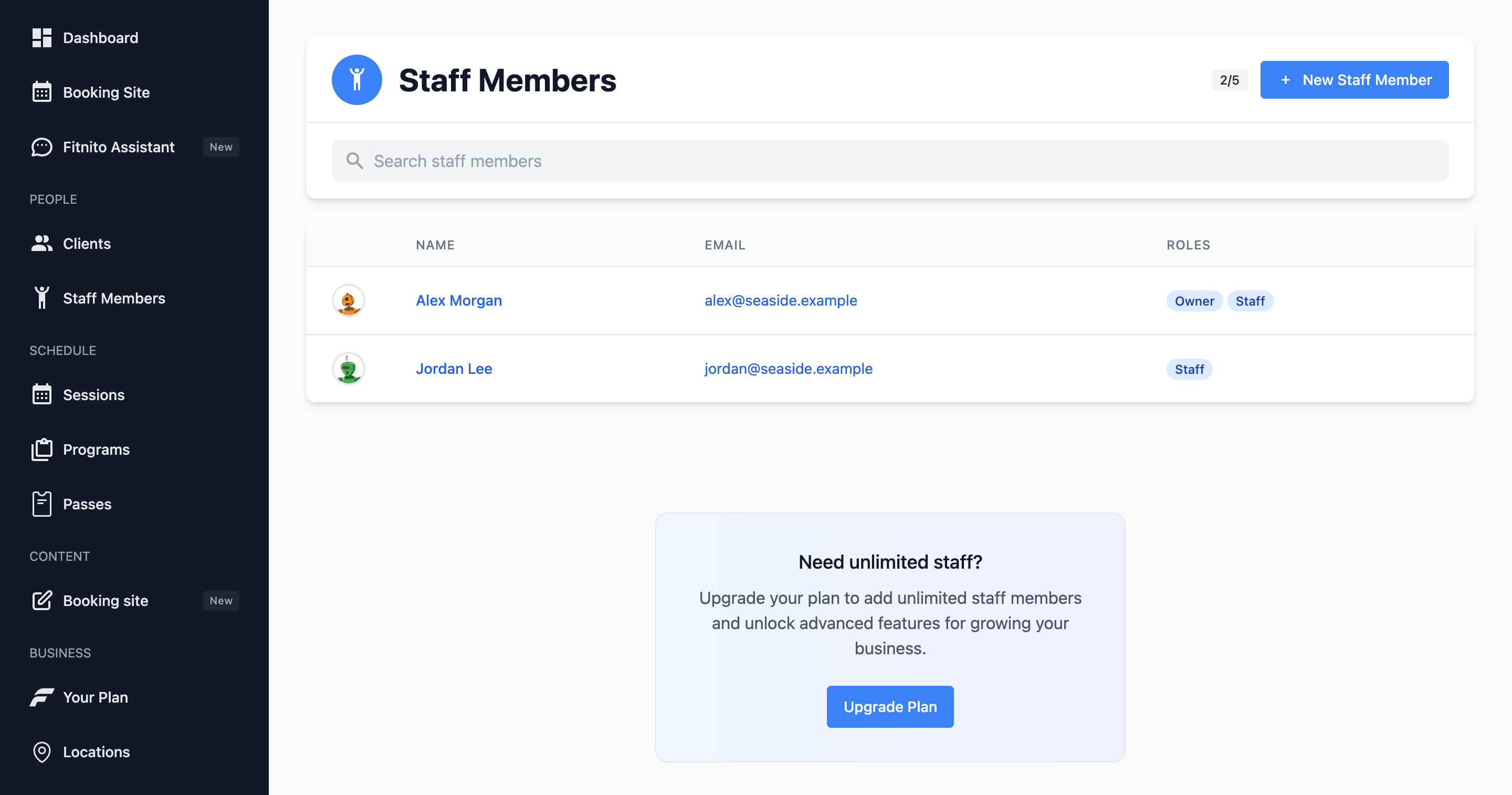 Staff list in the gym console