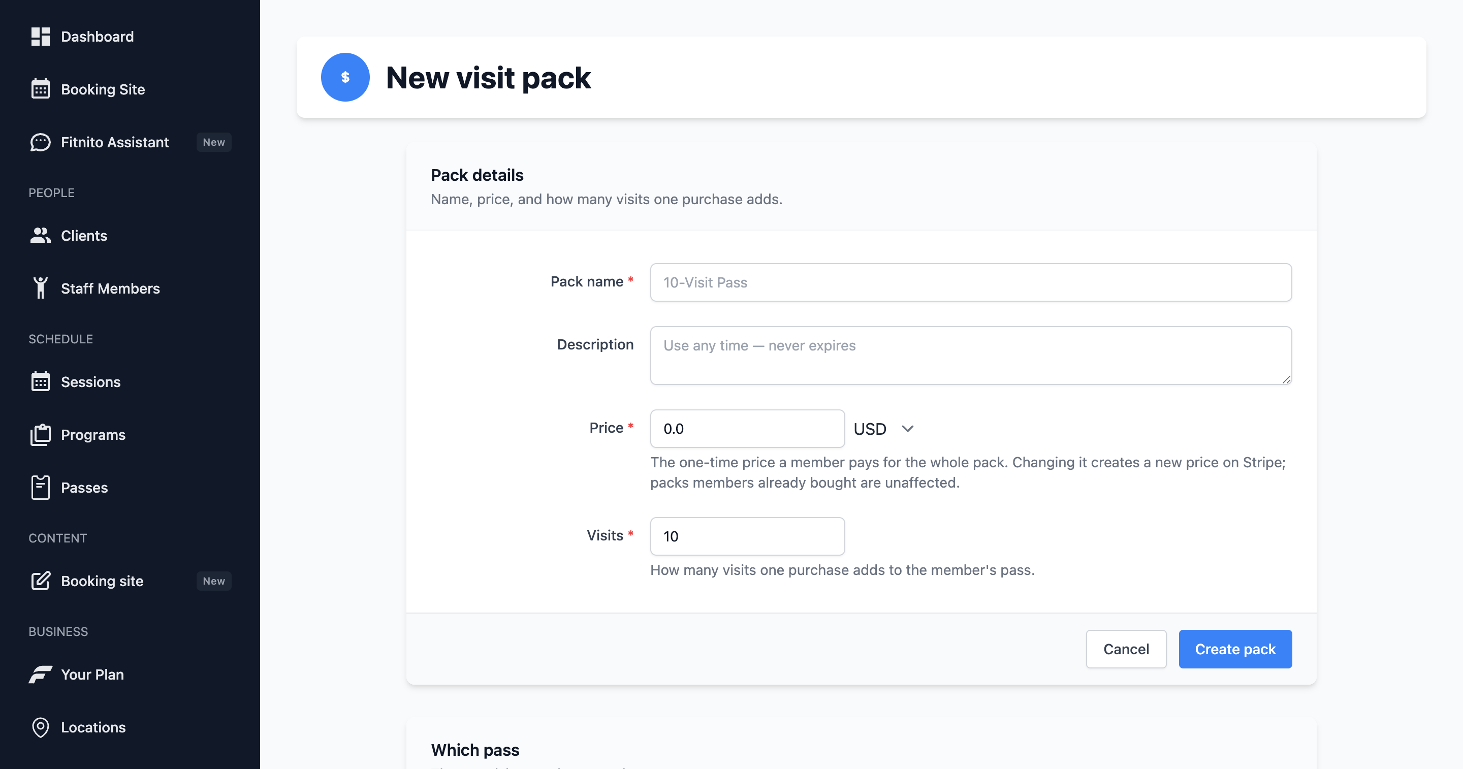 New visit pack form with visit count, pass type, and price