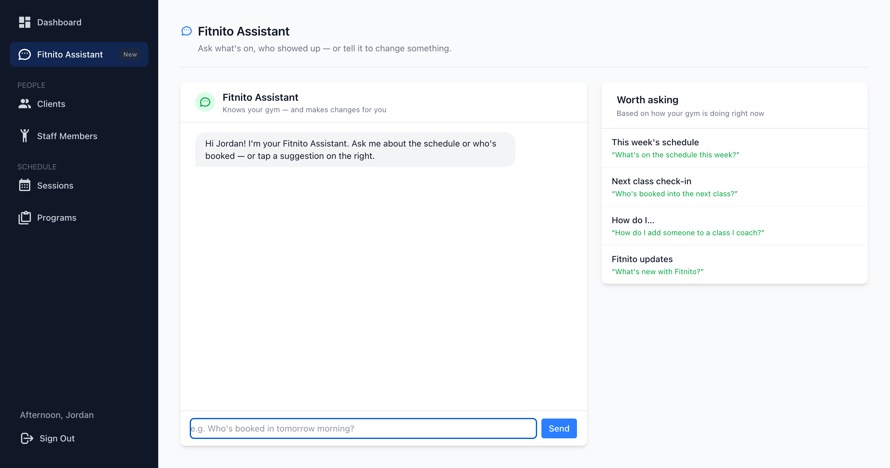 Fitnito Assistant in the coach console, with schedule prompts and no payments shortcuts