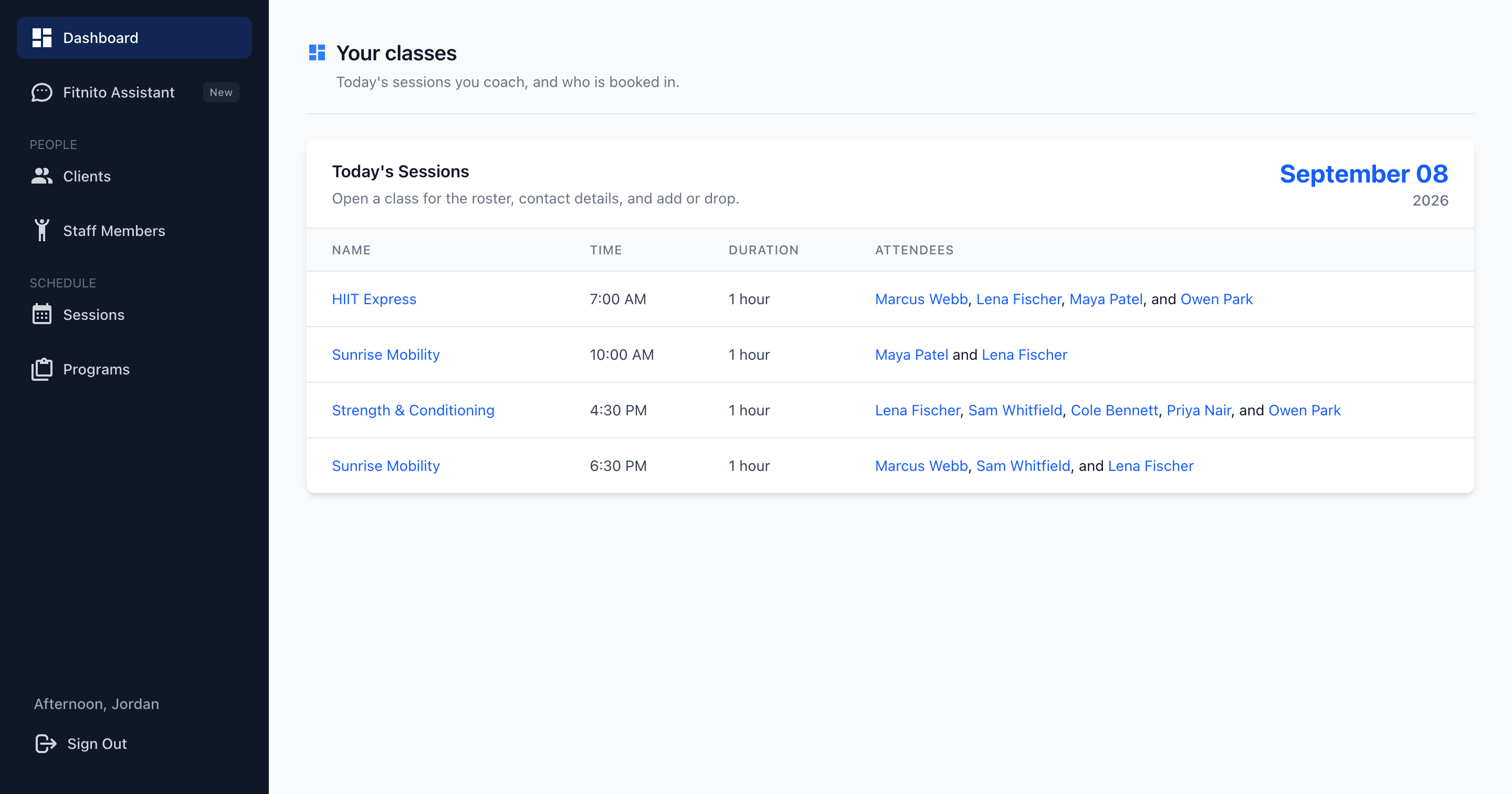 Coach dashboard listing today’s classes and who is booked