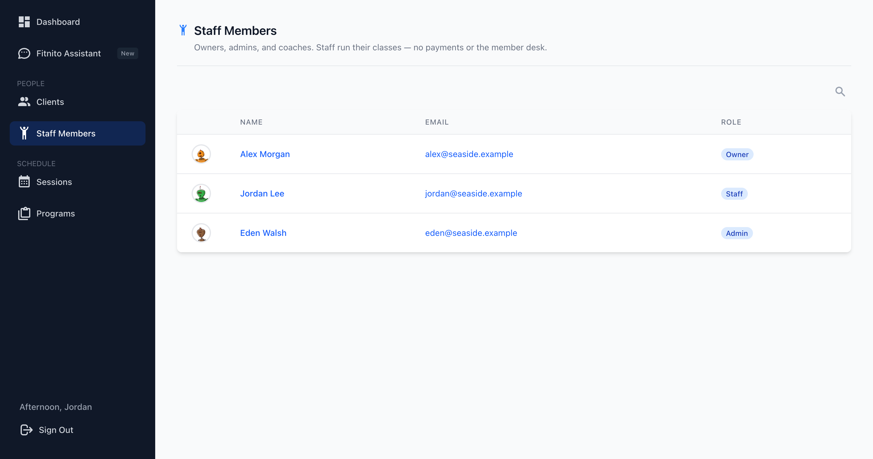 Staff list showing the gym’s coaches and admins